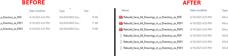 SOLIDWORKS Macro to Rebuild and Save All Drawings in a Directory as PDF and A side-by-side comparison labeled "BEFORE" and "AFTER" showing a file explorer window. The "BEFORE" section lists four PDF files named "Rebuild_Save_All_Drawings_in_a_Directory_as_PDF" with sizes 70 KB, 71 KB, 74 KB, and 70 KB, all dated 4/19/2025 4:33 PM. The "AFTER" section shows the same files with updated sizes: 30 KB, 31 KB, 32 KB, and 70 KB, and file types changed to "Microsoft Edge PDF Document" for the first three, while the fourth remains a SOLIDWORKS Drawing at 70 KB. Red arrows point to the size reductions in the first three files, highlighting a significant decrease in file size after processing.