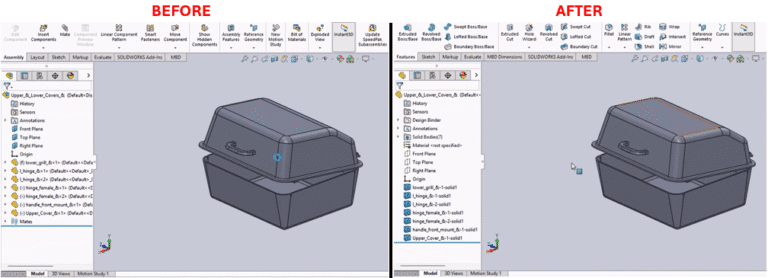 SOLIDWORKS Macro to Save Assembly as Part and An image divided into two side-by-side sections labeled "Before" and "After," showing a SOLIDWORKS software interface. The "Before" section displays a 3D model of a box-like container with a hinged lid, a blue plane labeled "Top Plane," and a feature tree on the left listing "Upper & Lower_Covers" with components like "Hinge" and "Handle" under "History" and "Solid Bodies." The "After" section shows the same container with the lid closed and a shaded surface, the feature tree updated with additional "Solid Bodies" like "Upper_Cover-B1-solid1," and similar components. Both sections include toolbars and an isometric 3D view with axes indicators.