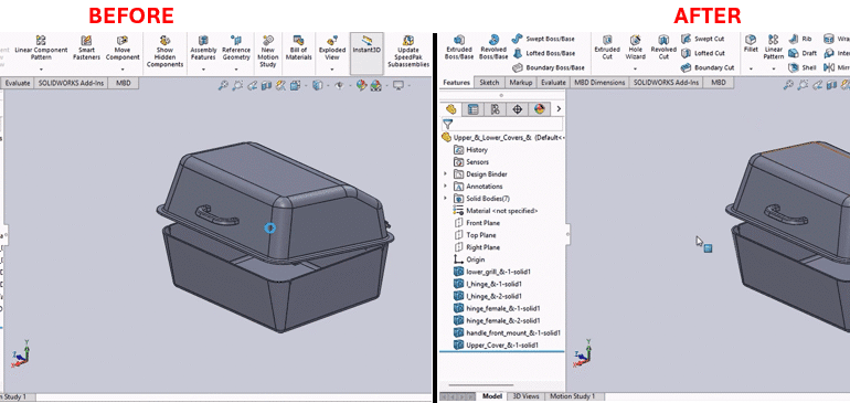 SOLIDWORKS Macro to Save Assembly as Part and An image divided into two side-by-side sections labeled "Before" and "After," showing a SOLIDWORKS software interface. The "Before" section displays a 3D model of a box-like container with a hinged lid, a blue plane labeled "Top Plane," and a feature tree on the left listing "Upper & Lower_Covers" with components like "Hinge" and "Handle" under "History" and "Solid Bodies." The "After" section shows the same container with the lid closed and a shaded surface, the feature tree updated with additional "Solid Bodies" like "Upper_Cover-B1-solid1," and similar components. Both sections include toolbars and an isometric 3D view with axes indicators.