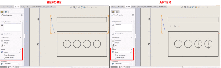 SOLIDWORKS Macro to Set Layer and Draw Line in SolidWorks Drawing and A side-by-side comparison labeled "BEFORE" and "AFTER" in a SOLIDWORKS sheet format editing environment. Both sections show a rectangular frame with five circular holes arranged in a horizontal row near the bottom, each with a crosshair center mark. Above the holes is a horizontal line with endpoints marked by blue dots. The "BEFORE" section has a red callout box highlighting the Options dropdown in the Line Properties panel, where "None" is selected under Style. The "AFTER" section shows the same dropdown now set to "Grain" with a red highlight, and the top horizontal line now displays a grain direction arrow pointing right with a small circle at the end. An orange dashed border outlines the editable area in both views, and the interface includes toolbars and property panels on the left.