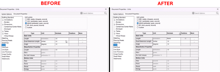 SOLIDWORKS Macro to Toggle Dimension Style and An image divided into two side-by-side sections labeled "Before" and "After," showing a software interface for document properties and units settings. The "Before" section displays a table with basic unit types (e.g., length, angle, mass) and their corresponding units (e.g., millimeters, degrees, grams) set to 12 decimal places, with options for fractions and more. The "After" section shows the same table with updated settings: length is set to "none" with 32 decimal places, dual dimension length is in inches with 12 decimal places, and other units remain the same. Both sections include a search options bar, drafting standards, and additional settings like borders and centerlines, with the "After" section highlighting changes in red.