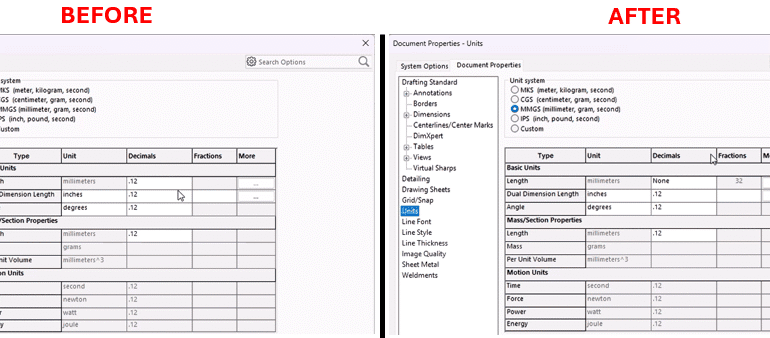 SOLIDWORKS Macro to Toggle Dimension Style and An image divided into two side-by-side sections labeled "Before" and "After," showing a software interface for document properties and units settings. The "Before" section displays a table with basic unit types (e.g., length, angle, mass) and their corresponding units (e.g., millimeters, degrees, grams) set to 12 decimal places, with options for fractions and more. The "After" section shows the same table with updated settings: length is set to "none" with 32 decimal places, dual dimension length is in inches with 12 decimal places, and other units remain the same. Both sections include a search options bar, drafting standards, and additional settings like borders and centerlines, with the "After" section highlighting changes in red.