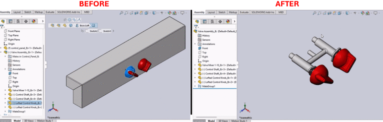SolidWorks Macro for Efficient Assembly Navigation and An image divided into two side-by-side sections labeled "Before" and "After," showing a SOLIDWORKS software interface. The "Before" section displays a 3D model of a rectangular block with a red cylindrical component and a blue spherical component attached, and a feature tree on the left listing "Valve Assembly," "Control Panel," and components like "Valve Mixer Shaft" and "Lifted Control Knob" with constraints. The "After" section shows a refined 3D model with two red cylindrical components connected by a central structure, and the feature tree updated with "MateGroup1" and similar components. Both sections include toolbars and an isometric 3D view with axes indicators.