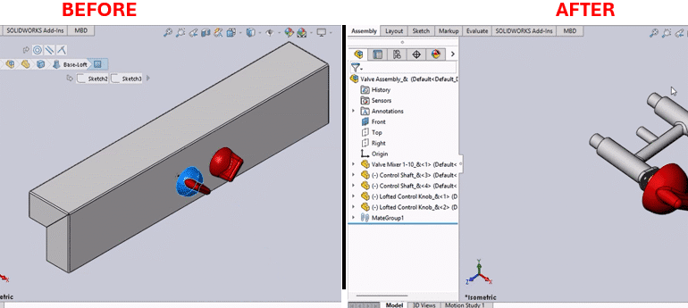 SolidWorks Macro for Efficient Assembly Navigation and An image divided into two side-by-side sections labeled "Before" and "After," showing a SOLIDWORKS software interface. The "Before" section displays a 3D model of a rectangular block with a red cylindrical component and a blue spherical component attached, and a feature tree on the left listing "Valve Assembly," "Control Panel," and components like "Valve Mixer Shaft" and "Lifted Control Knob" with constraints. The "After" section shows a refined 3D model with two red cylindrical components connected by a central structure, and the feature tree updated with "MateGroup1" and similar components. Both sections include toolbars and an isometric 3D view with axes indicators.