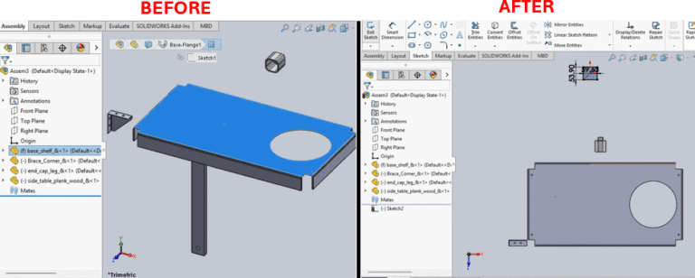 SolidWorks Macro for Feature Driven Component Pattern and An image divided into two side-by-side sections labeled "Before" and "After," showing a SOLIDWORKS software interface. The "Before" section displays a 3D model of a table with a blue top surface, a circular hole, and a supporting leg, with a feature tree on the left listing "History," "Annotations," "Front Plane," "Right Plane," and constraints like "base shelf" and "side plank." The "After" section shows a 2D sketch of the same table top with the circular hole, viewed from above, and the feature tree updated with "Sketch2" and similar constraints. Both sections include toolbars and a 3D view with axes indicators.