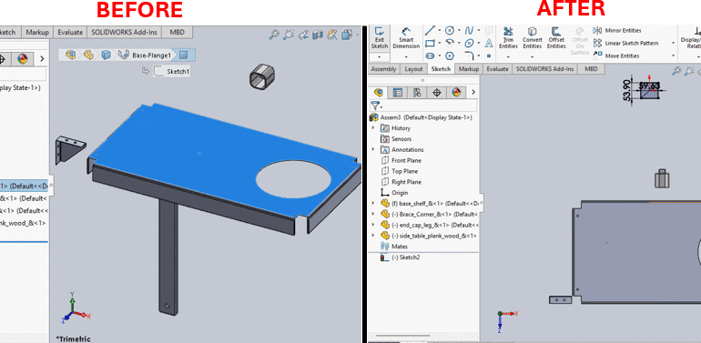 SolidWorks Macro for Feature Driven Component Pattern and An image divided into two side-by-side sections labeled "Before" and "After," showing a SOLIDWORKS software interface. The "Before" section displays a 3D model of a table with a blue top surface, a circular hole, and a supporting leg, with a feature tree on the left listing "History," "Annotations," "Front Plane," "Right Plane," and constraints like "base shelf" and "side plank." The "After" section shows a 2D sketch of the same table top with the circular hole, viewed from above, and the feature tree updated with "Sketch2" and similar constraints. Both sections include toolbars and a 3D view with axes indicators.