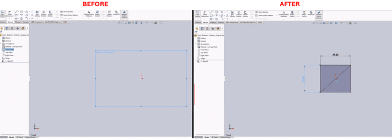SolidWorks Macro to Batch Rebuild and Export Drawings to PDF and An image divided into two side-by-side sections labeled "Before" and "After," showing a SOLIDWORKS software interface. The "Before" section displays a sketch on the "Front Plane" with a simple rectangular outline and a single dimension line labeled "L." The feature tree on the left lists "Sketch1" under "Front Plane." The "After" section shows the same sketch transformed into a filled square with diagonal lines, now including dimension lines labeled "59.43" for the length and "60.0" for the width, and the same feature tree updated with "Sketch2." Both sections include toolbars and a 3D view with axes indicators.