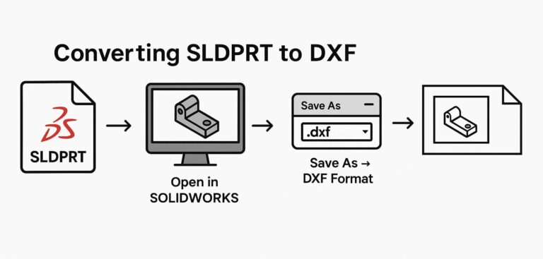 SolidWorks Macro to Export Sheet Metal to DXF in SOLIDWORKS and An infographic titled "Converting SLDPRT to DXF" illustrating a step-by-step process. It starts with an SLDPRT file icon labeled "SLDPRT" on the left, followed by an arrow pointing to a computer monitor icon labeled "Open in SOLIDWORKS," showing a 3D model. Another arrow leads to a "Save As" dialog box with ".dxf" selected, indicating DXF format. The final step shows a DXF file icon on the right, depicting a 2D drawing of the model
