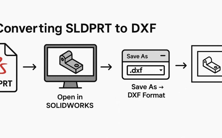 SolidWorks Macro to Export Sheet Metal to DXF in SOLIDWORKS and An infographic titled "Converting SLDPRT to DXF" illustrating a step-by-step process. It starts with an SLDPRT file icon labeled "SLDPRT" on the left, followed by an arrow pointing to a computer monitor icon labeled "Open in SOLIDWORKS," showing a 3D model. Another arrow leads to a "Save As" dialog box with ".dxf" selected, indicating DXF format. The final step shows a DXF file icon on the right, depicting a 2D drawing of the model