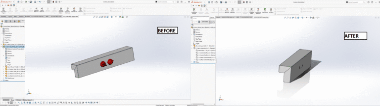 SolidWorks Macro to Instantly Isolate Selected Components in an Assembly and An image divided into two side-by-side sections labeled "Before" and "After," showing a SOLIDWORKS software interface. The "Before" section displays a 3D model of a rectangular block with a red cylindrical component attached to its top surface, and a feature tree on the left listing "Control Panel" and "Valve Assembly" with various constraints and features like "Lifted Control." The "After" section shows the same block with the red cylindrical component removed, leaving a cutout section, and the feature tree updated to reflect the modified assembly. Both sections include toolbars and a 3D view with axes indicators.