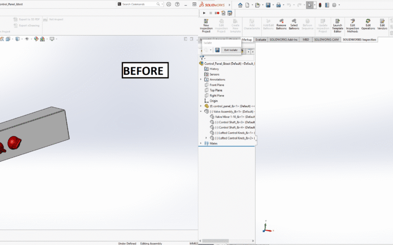 SolidWorks Macro to Instantly Isolate Selected Components in an Assembly and An image divided into two side-by-side sections labeled "Before" and "After," showing a SOLIDWORKS software interface. The "Before" section displays a 3D model of a rectangular block with a red cylindrical component attached to its top surface, and a feature tree on the left listing "Control Panel" and "Valve Assembly" with various constraints and features like "Lifted Control." The "After" section shows the same block with the red cylindrical component removed, leaving a cutout section, and the feature tree updated to reflect the modified assembly. Both sections include toolbars and a 3D view with axes indicators.