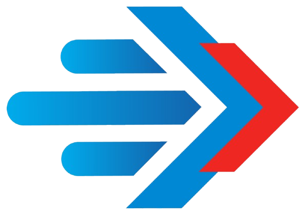 Stylized blue and red arrows forming a forward-pointing direction symbol, conveying speed and progress (logo).