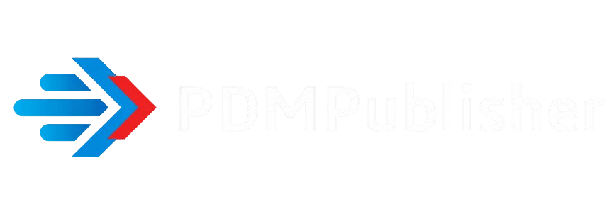 PDMPublisher logo: blue arrow chevrons followed by a red chevron, with the white 'PDMPublisher' text on a black background.