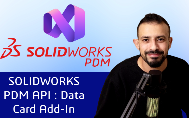 Video thumbnail showing a man with a microphone on the right and the SOLIDWORKS logo on the left, with a blue gradient background and bold red SOLIDWORKS text.