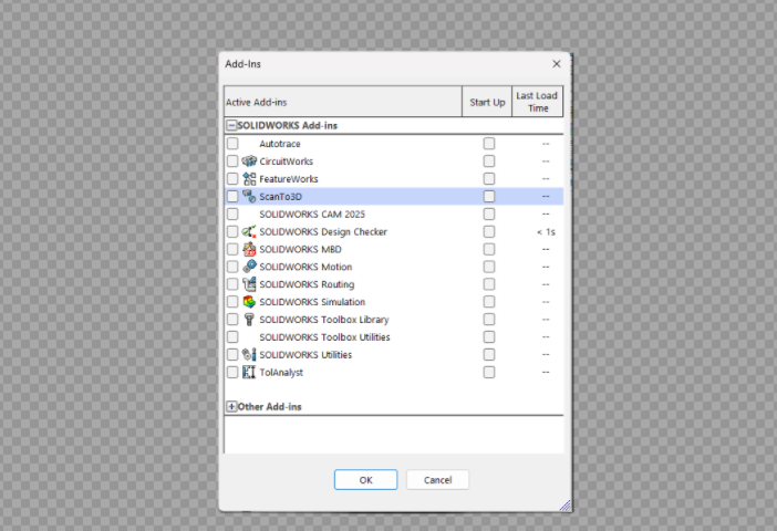 SOLIDWORKS Add-Ins dialog with a highlighted ScanTo3D entry and OK/Cancel buttons.