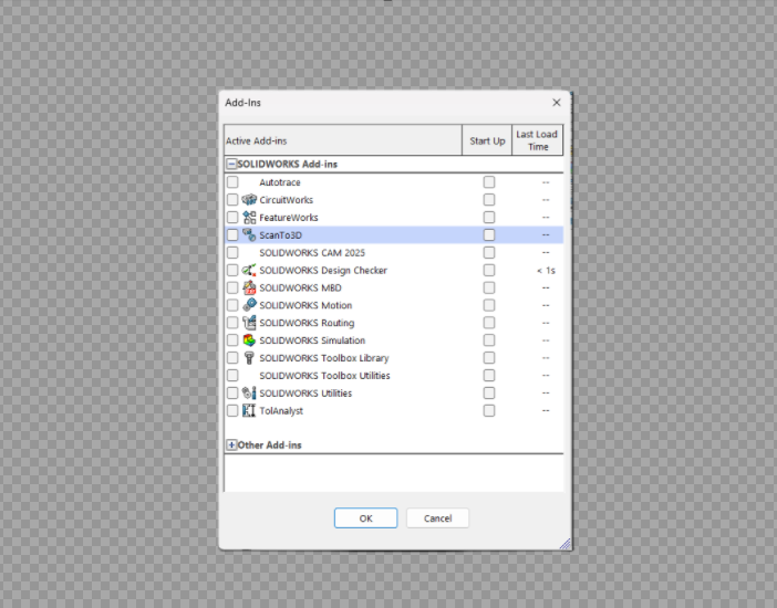 SOLIDWORKS Add-Ins dialog with a highlighted ScanTo3D entry and OK/Cancel buttons.