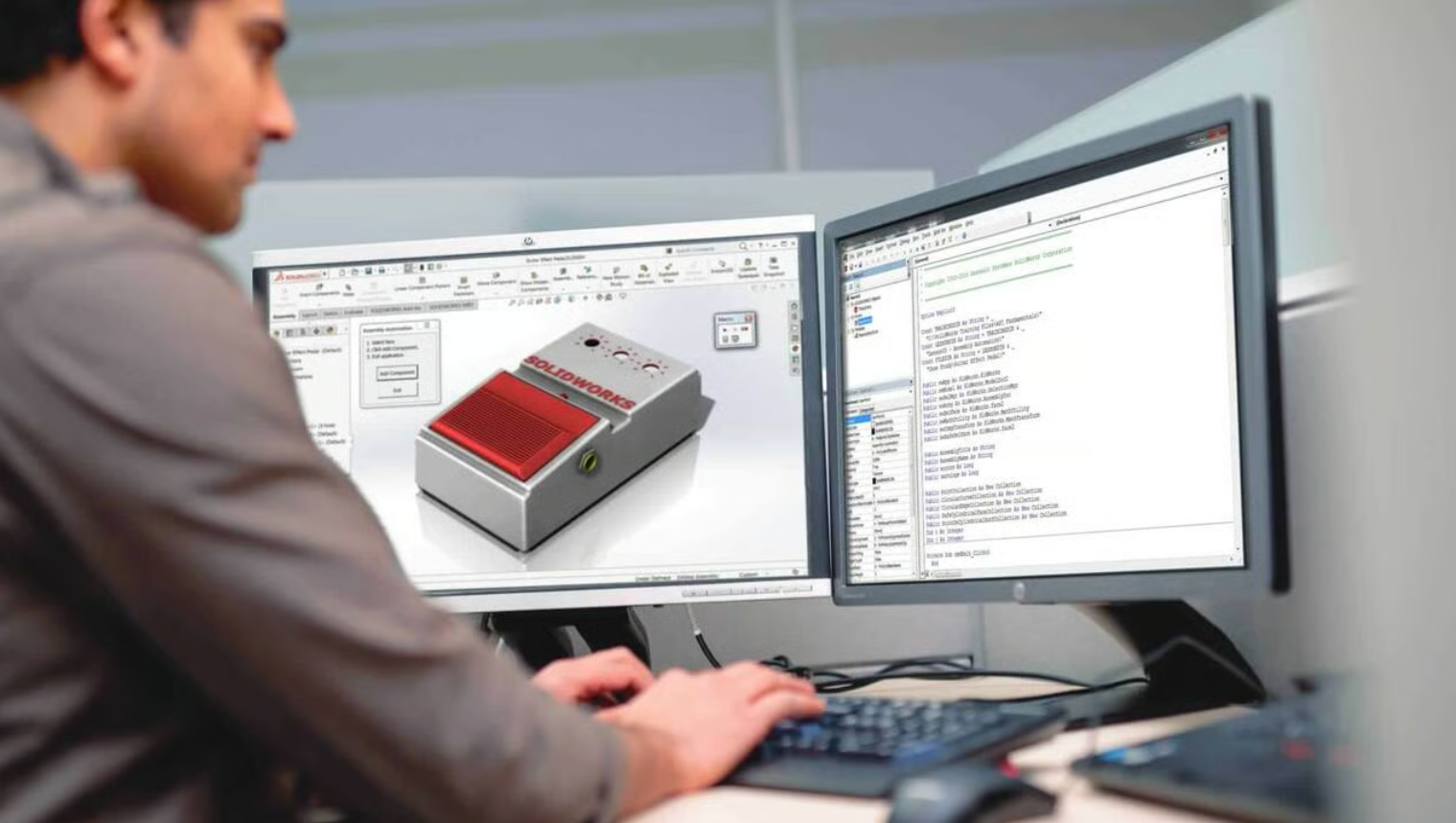 Person working on a CAD design of a red pedal in SolidWorks on dual monitors.