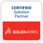 Certified Solution Partner badge with SOLIDWORKS logo on a red panel bottom half and white top half