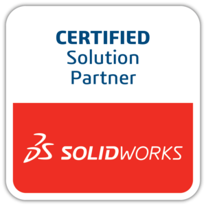 Certified Solution Partner badge with SOLIDWORKS logo on a red panel bottom half and white top half
