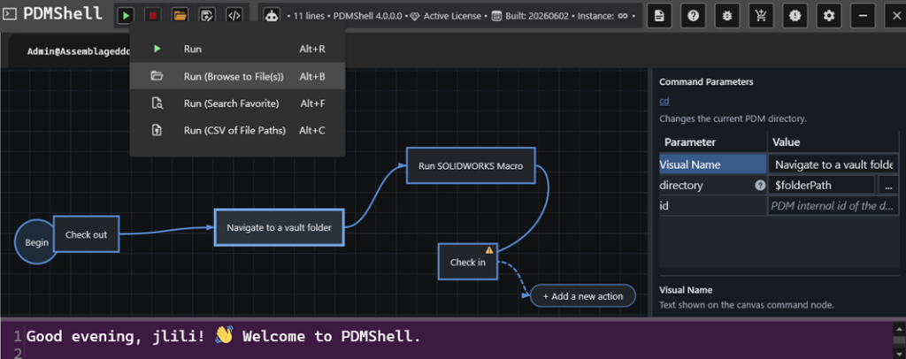 PDMShell workflow editor showing a dark IDE interface with a flowchart: Begin circle → Check out → Navigate to a vault folder → Run SOLIDWORKS Macro → Check in → + Add a new action; right panel labeled Command Parameters with fields for directory and id; bottom purple console line reading 'Good evening, jilili! Welcome to PDMShell.'