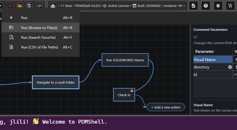 PDMShell workflow editor showing a dark IDE interface with a flowchart: Begin circle → Check out → Navigate to a vault folder → Run SOLIDWORKS Macro → Check in → + Add a new action; right panel labeled Command Parameters with fields for directory and id; bottom purple console line reading 'Good evening, jilili! Welcome to PDMShell.'