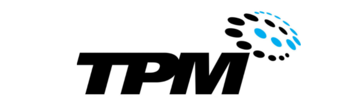 TPM logo with bold black lettering and a blue dotted circular arc to the upper-right.