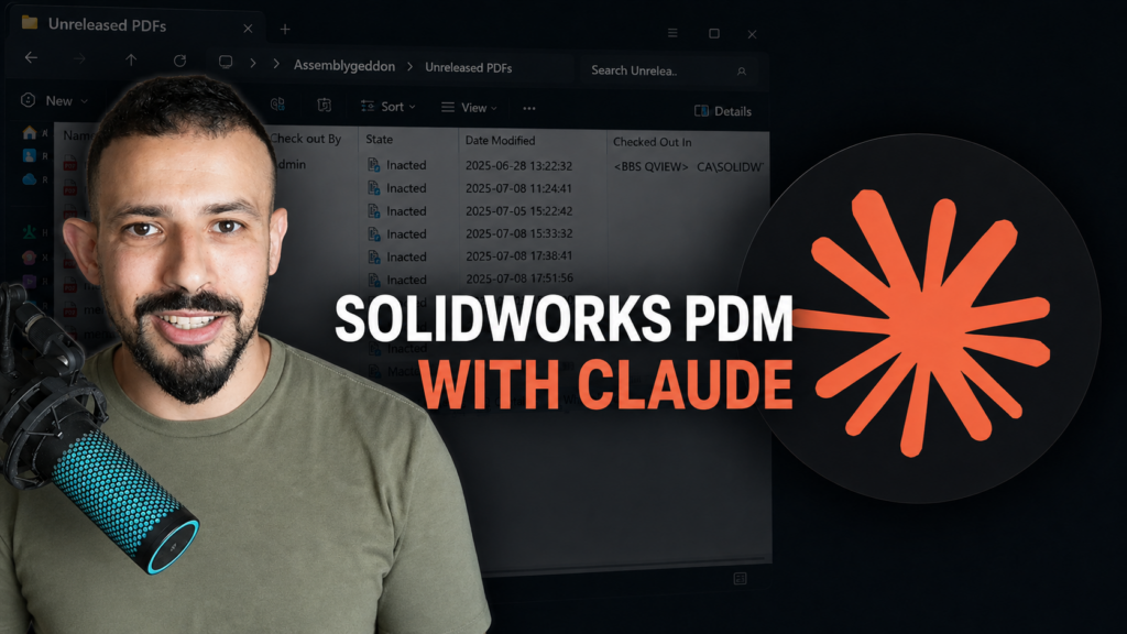 Host with a microphone in the foreground; a dark screen shows a SolidWorks PDM window and an orange starburst logo in the background, with the title 'SOLIDWORKS PDM WITH CLAUDE'