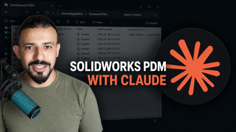 Host with a microphone in the foreground; a dark screen shows a SolidWorks PDM window and an orange starburst logo in the background, with the title 'SOLIDWORKS PDM WITH CLAUDE'