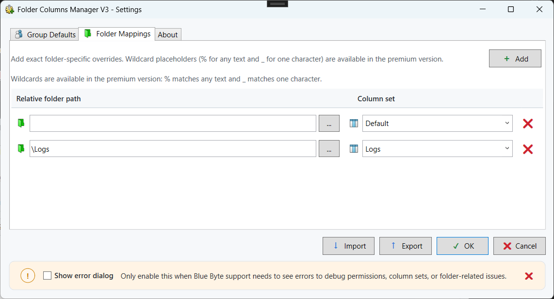Folder Column Manager folder mapping configuration