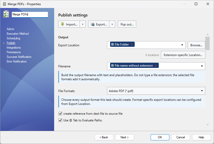 PDMPublisher Merge PDFs task settings in SOLIDWORKS PDM