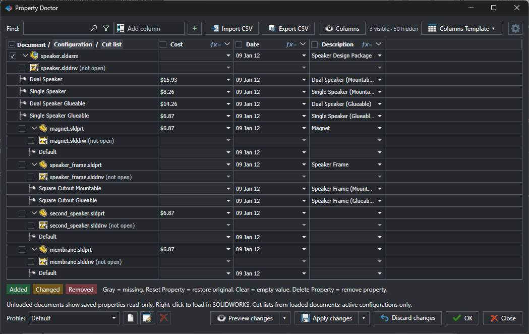 Property Doctor in PDMPublisher showing an assembly, its configurations and parts with Cost, Date and Description columns