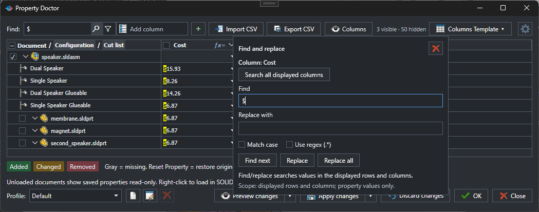Find and replace window in Property Doctor with $ in the Find box
