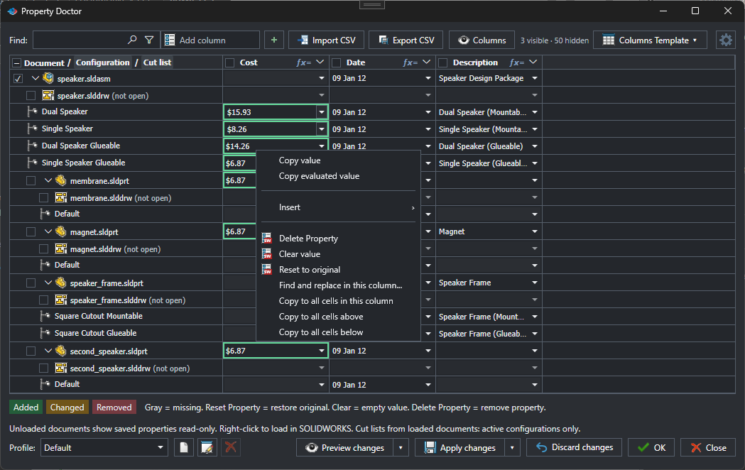 Right-click menu in Property Doctor with Find and replace in this column