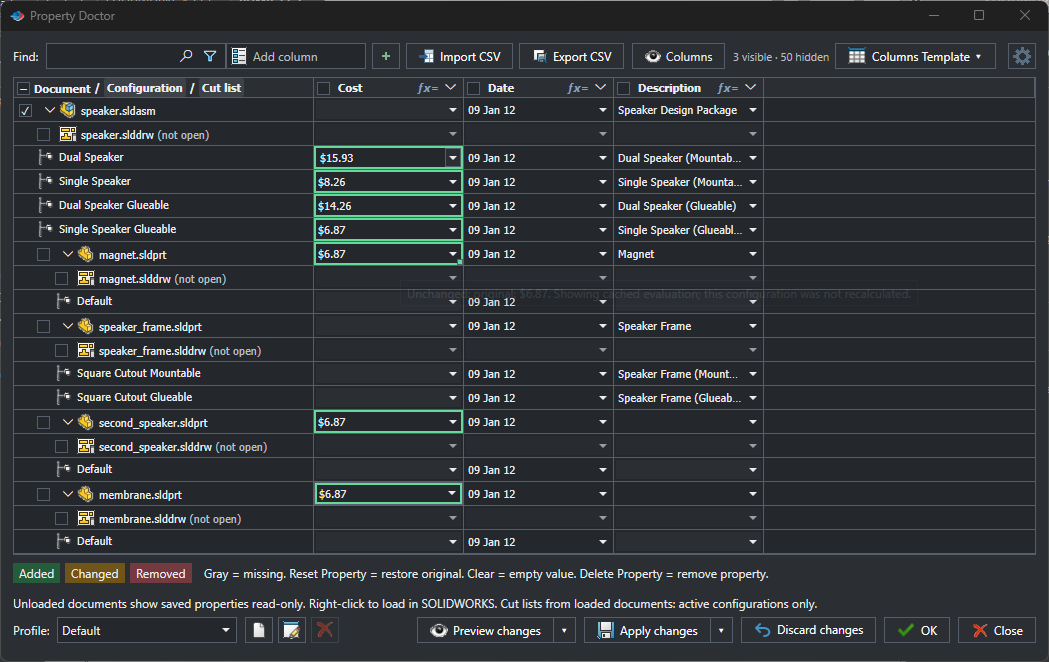 Cost cells selected in the Property Doctor grid