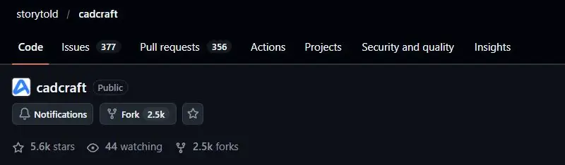 CADCraft GitHub repository showing 5.6k stars, 2.5k forks, 377 open issues and 356 pull requests