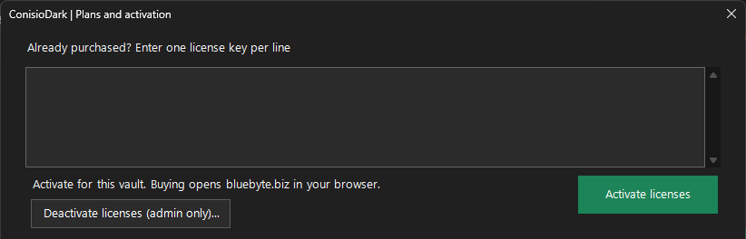 ConisioDark Plans and activation window: enter one license key per line and click Activate licenses