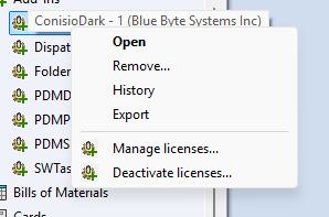ConisioDark add-in in the SOLIDWORKS PDM Administration tool with Manage licenses and Deactivate licenses