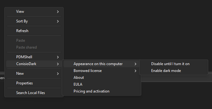 ConisioDark menu in PDM Explorer with appearance, borrowed license, About, EULA and pricing options