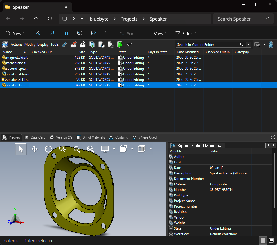 SOLIDWORKS PDM Explorer with ConisioDark dark mode