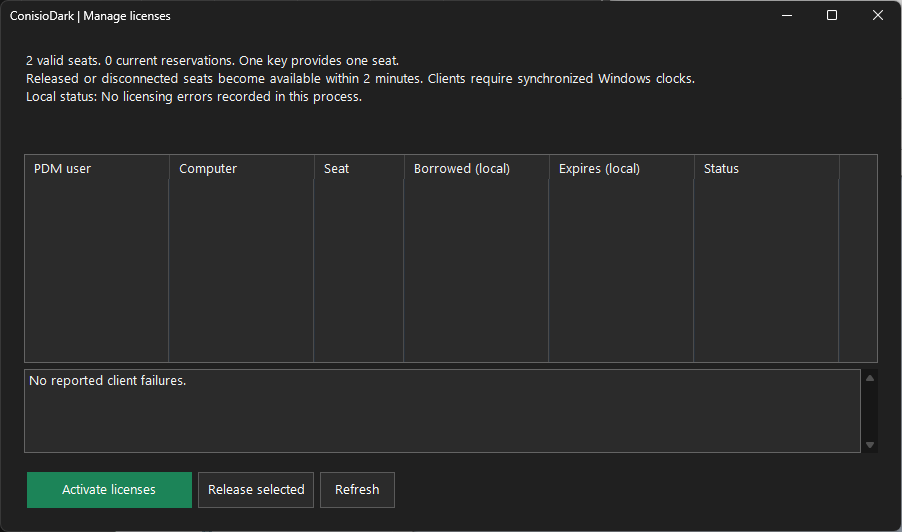 ConisioDark Manage licenses window showing seats, reservations and the Activate licenses button