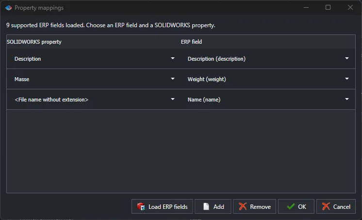 Property mappings from SOLIDWORKS custom properties to Odoo fields