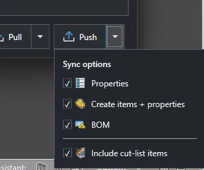 PDMPublisher ERP Sync Push menu with Properties, Create items, BOM and cut list options
