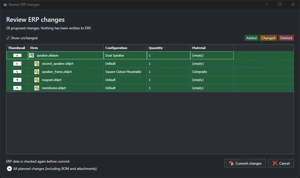 Review ERP changes window with proposed additions before writing to Odoo
