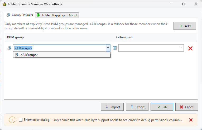 Folder Columns Manager settings, Group Defaults tab
