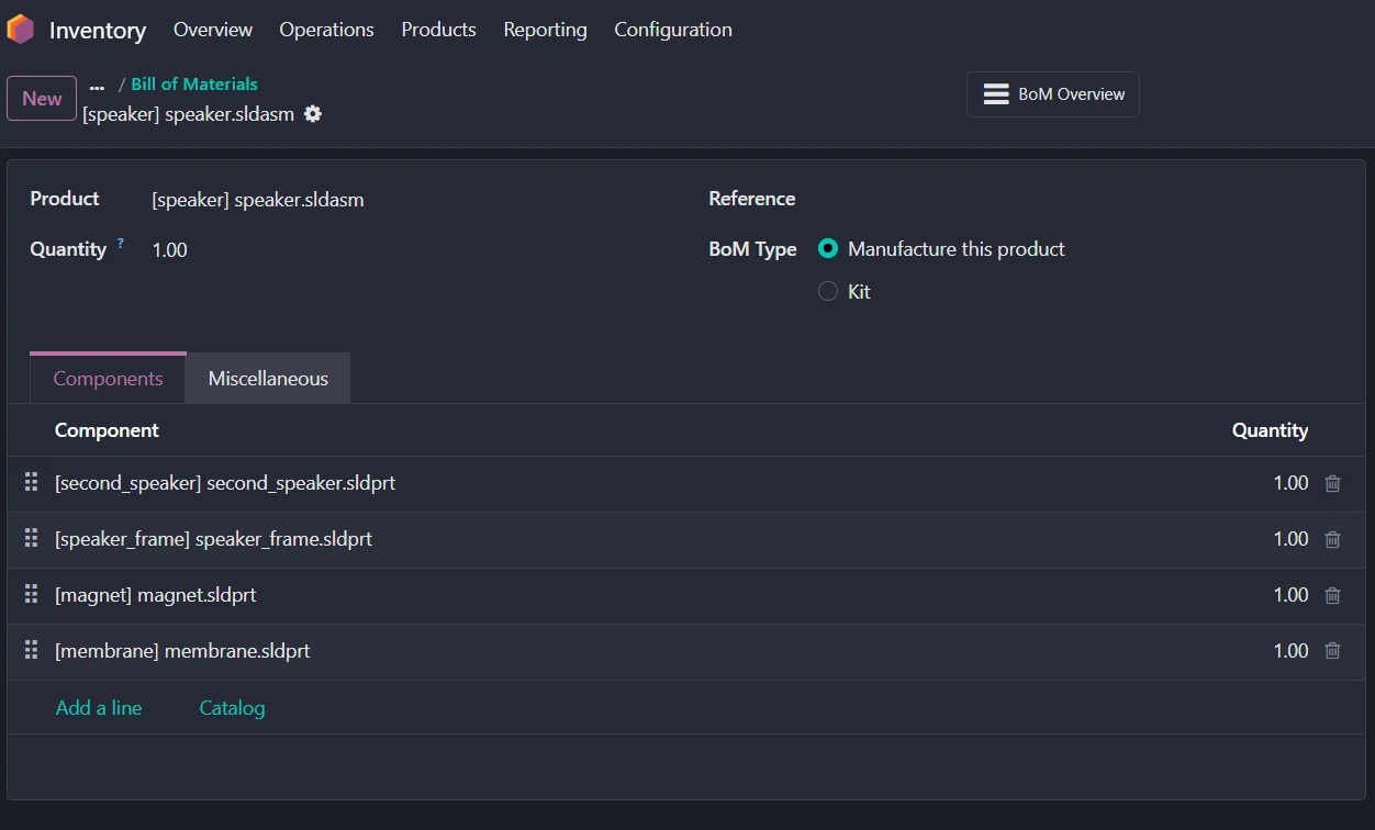 Odoo bill of materials created from a SOLIDWORKS assembly