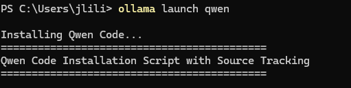 Running ollama launch qwen in PowerShell
