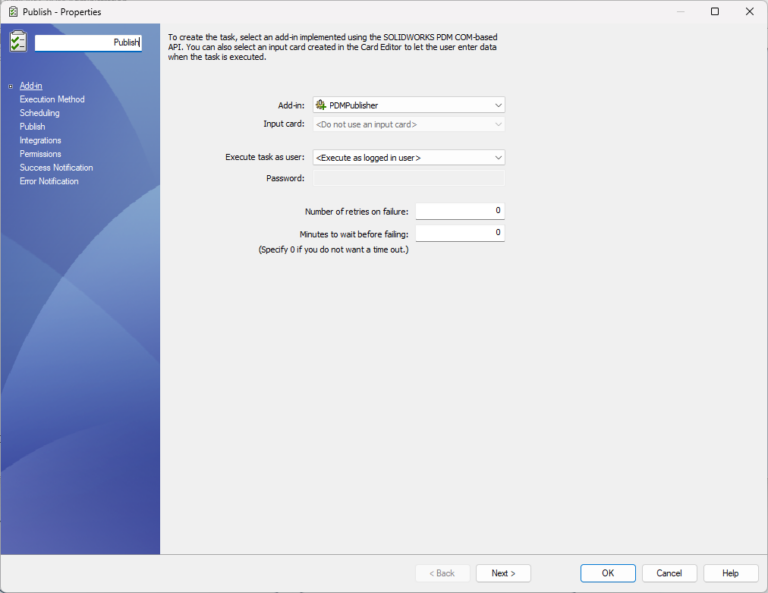 PDMPublisher task: add-in selection