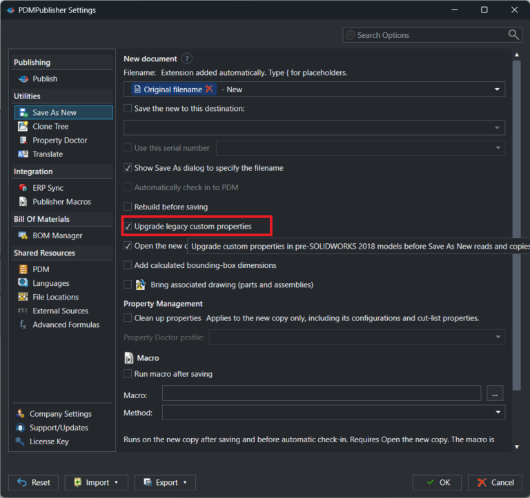 PDMPublisher Save As New settings with Upgrade legacy custom properties turned on