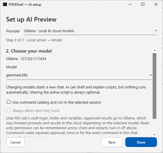 PDMShell AI setup with the Ollama provider and model selection