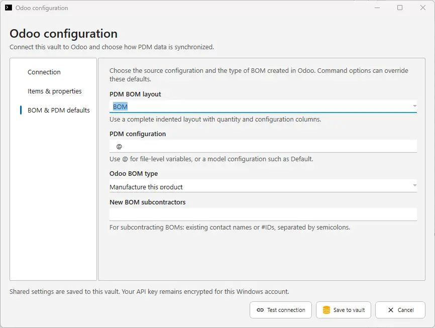 PDMShell Odoo configuration, BOM and PDM defaults page with BOM layout, configuration, BOM type and subcontractors